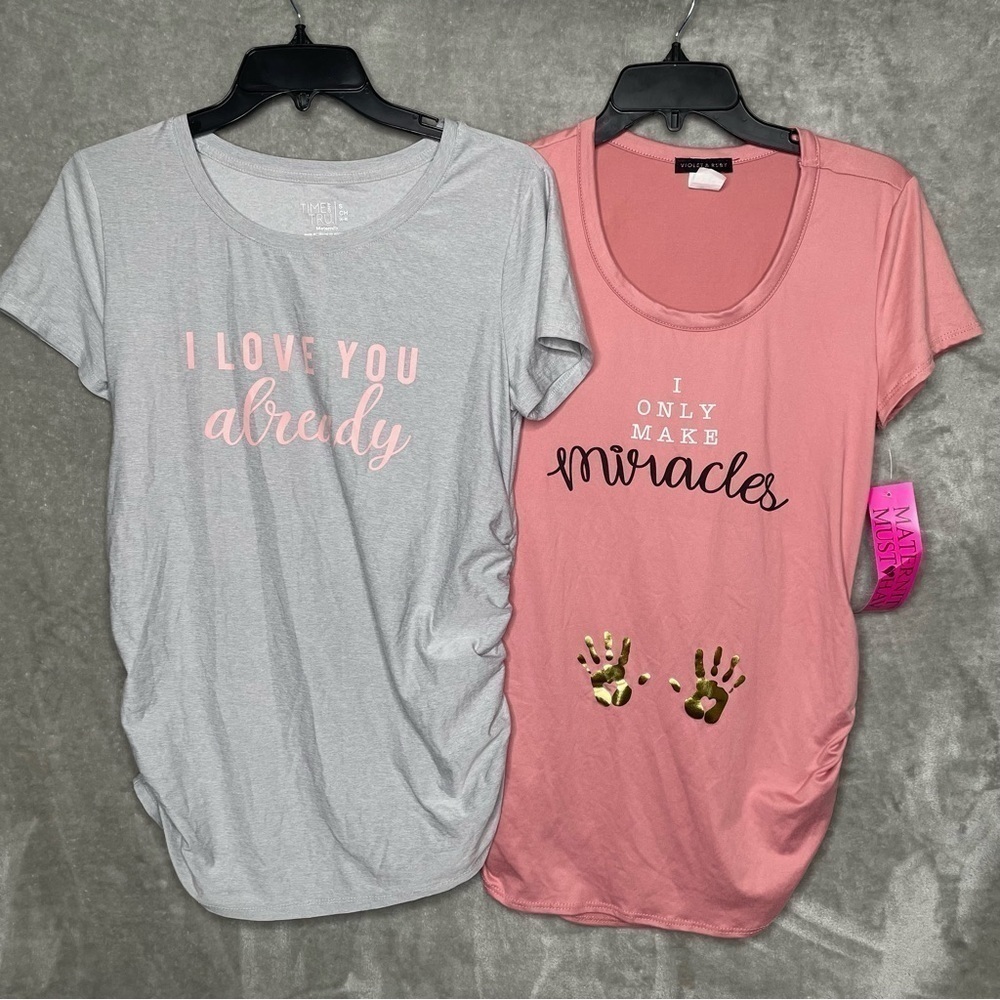 Set of 2 Graphic Maternity Shirts NWT Pink & Grey Small Medium I Love You Alread